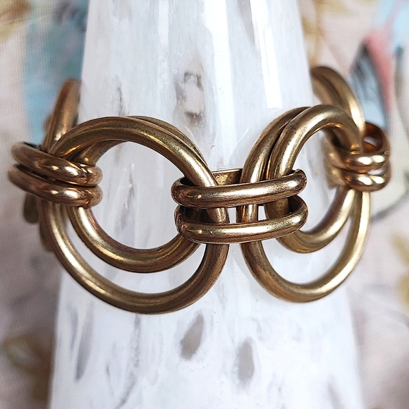 J. Crew Double Round Link Chain Oxidized Brass Tone Bracelet Lifesaver Clasp - Picture 1 of 11